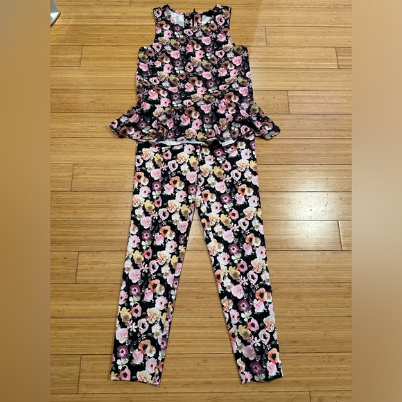 H&M  Set Tapered Cropped Pants Black & Pink Floral Size 4 / Top Size 6 - Picture 1 of 16